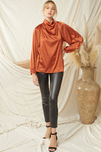 Solid Satin Cowl Neck Long Sleeve Top