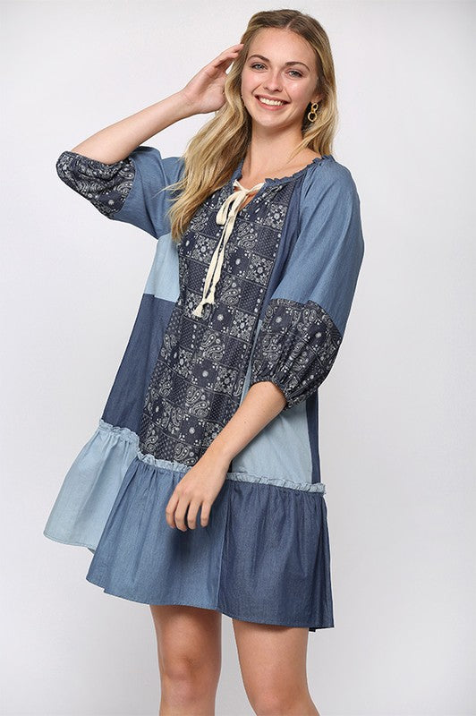 Chambray Block Print Dress