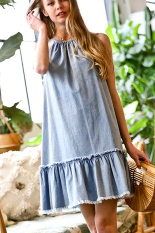 Halter Neck tie back distressed Denim Dress