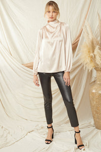 Solid Satin Cowl Neck Long Sleeve Top