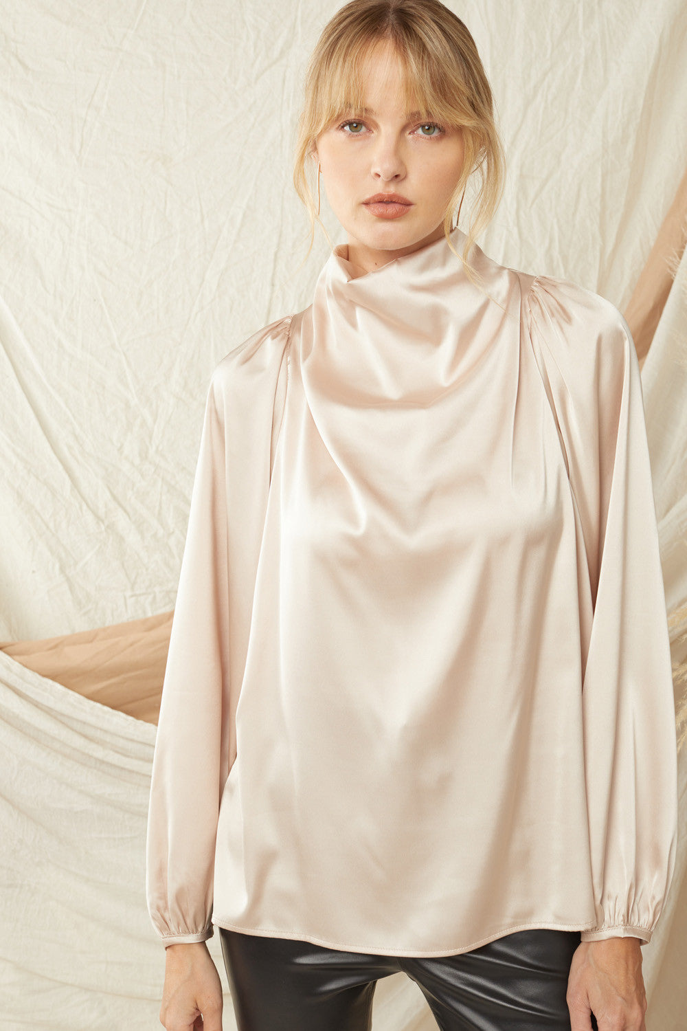 Solid Satin Cowl Neck Long Sleeve Top