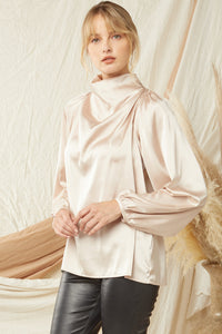 Solid Satin Cowl Neck Long Sleeve Top