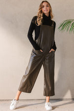 Load image into Gallery viewer, Olive Faux Leather Wide-Leg Jumpsuit
