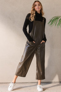 Olive Faux Leather Wide-Leg Jumpsuit