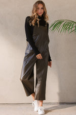 Load image into Gallery viewer, Olive Faux Leather Wide-Leg Jumpsuit
