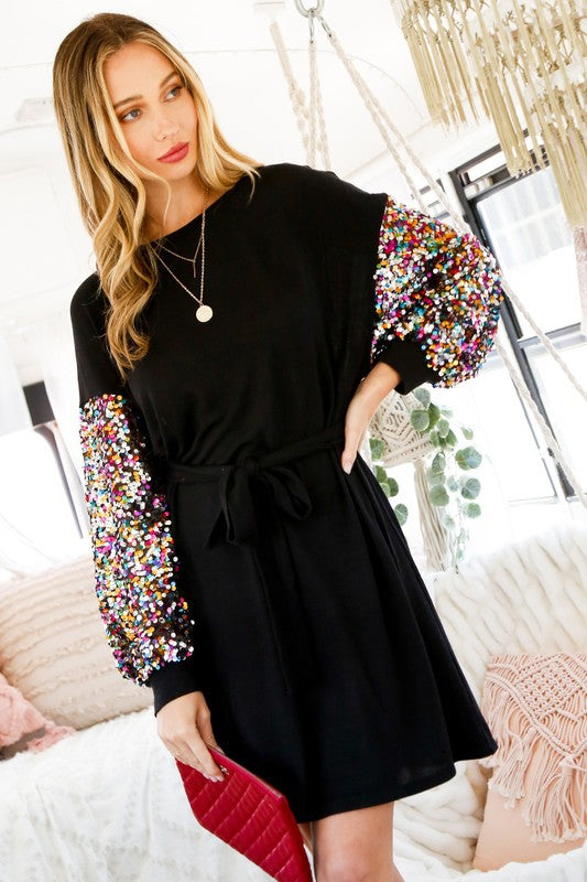 Contrast Sequin Sleeves Jersey Dress