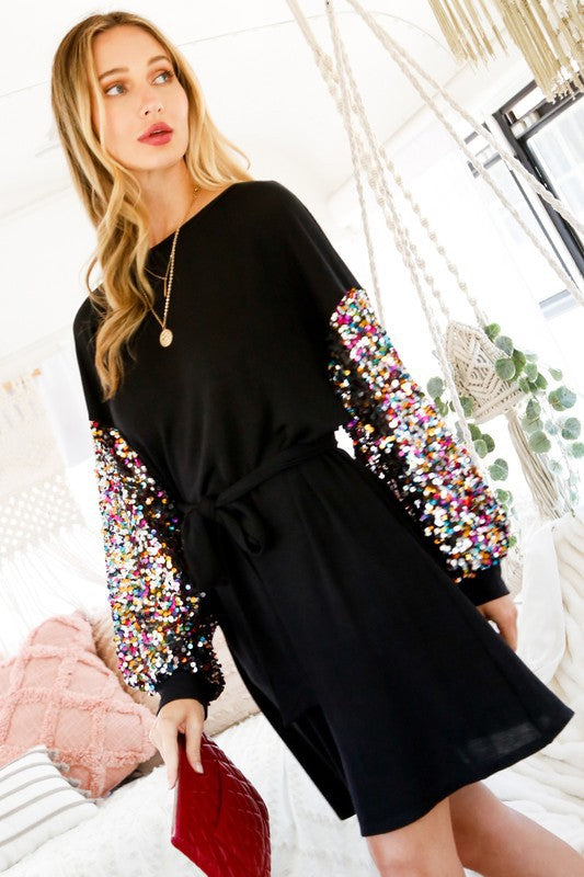 Contrast Sequin Sleeves Jersey Dress