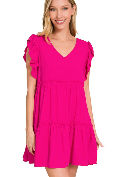Hot Pink Ruffle Sleeve Short Dress