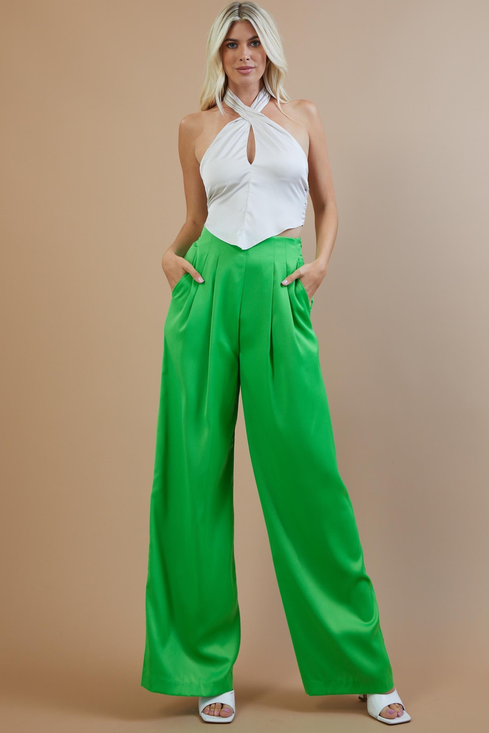 Lime High Waist Pleated Pants