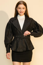 Load image into Gallery viewer, Collared Buckle Front Puff Sleeve Jacket
