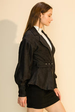 Load image into Gallery viewer, Collared Buckle Front Puff Sleeve Jacket
