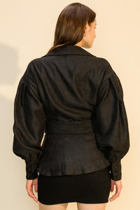 Collared Buckle Front Puff Sleeve Jacket