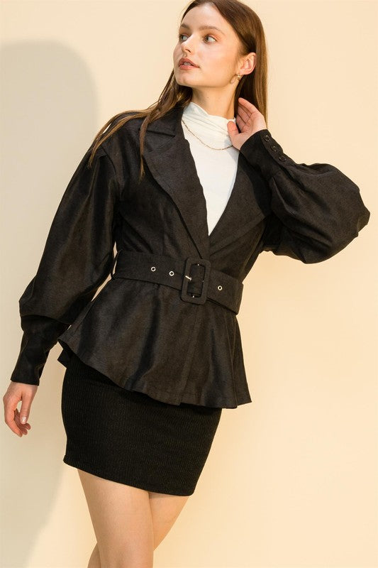 Collared Buckle Front Puff Sleeve Jacket