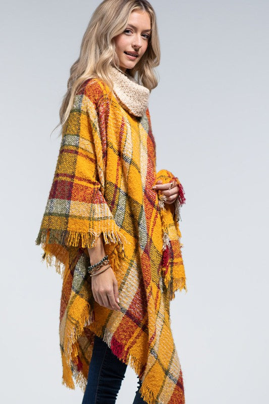 Gold Plaid Turtle Neck Poncho