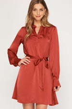 Load image into Gallery viewer, Long Sleeve Satin Shirt Dress
