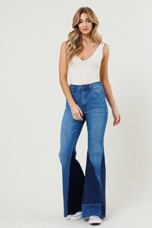 Dark Blue Side Slit Detail High Waist Flared Jeans - ShopperBoard