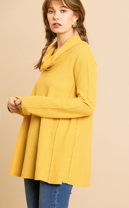 Waffle Knit Long Sleeve Turtleneck Top