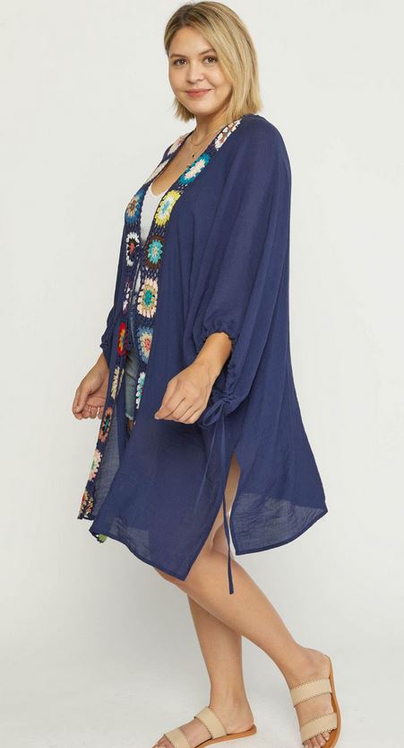 Crochet Trim Open Front Kimono