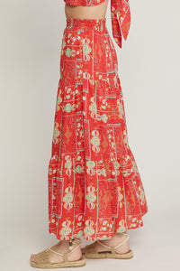 Red Multi Flower Geo Print Maxi Skirt