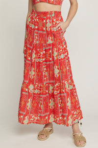 Red Multi Flower Geo Print Maxi Skirt