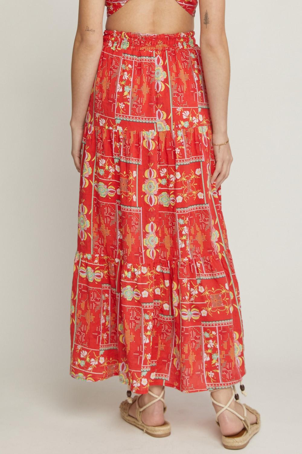 Red Multi Flower Geo Print Maxi Skirt