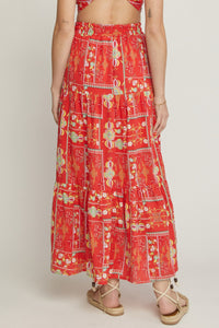 Red Multi Flower Geo Print Maxi Skirt