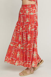 Red Multi Flower Geo Print Maxi Skirt