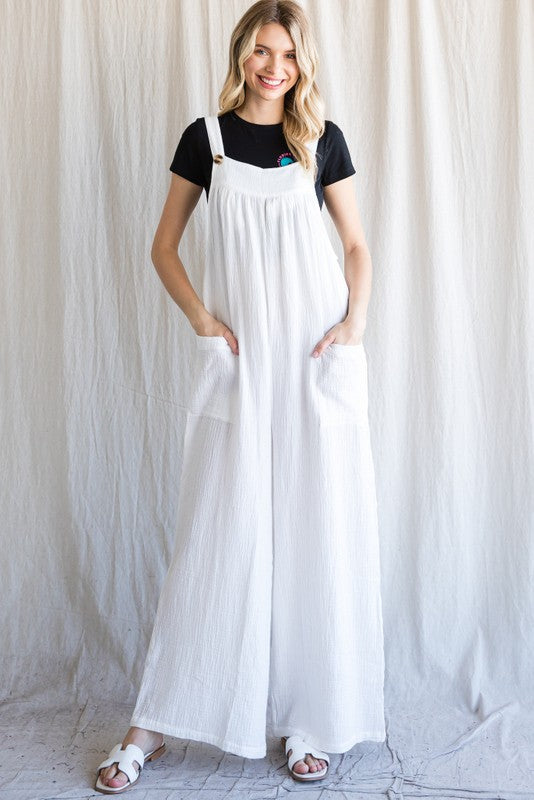 Ivory Solid Linen Overalls